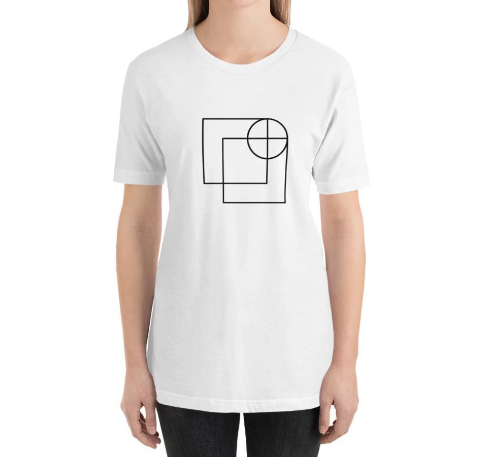 white relaxed fit women's t-shirt with architect print on model